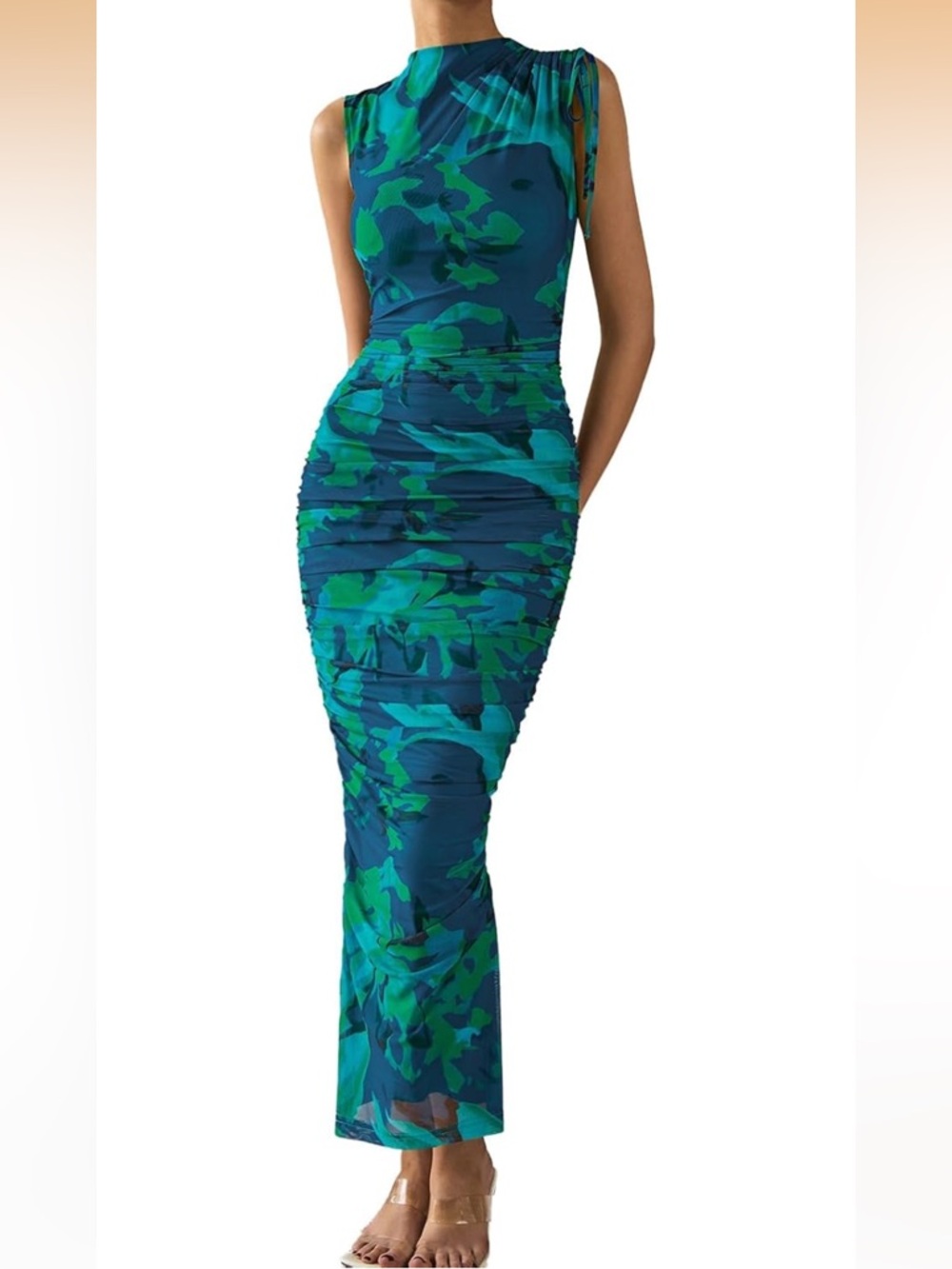 Sleeveless Green & Blue Ruched Bodycon Maxi Wedding Guest Dress